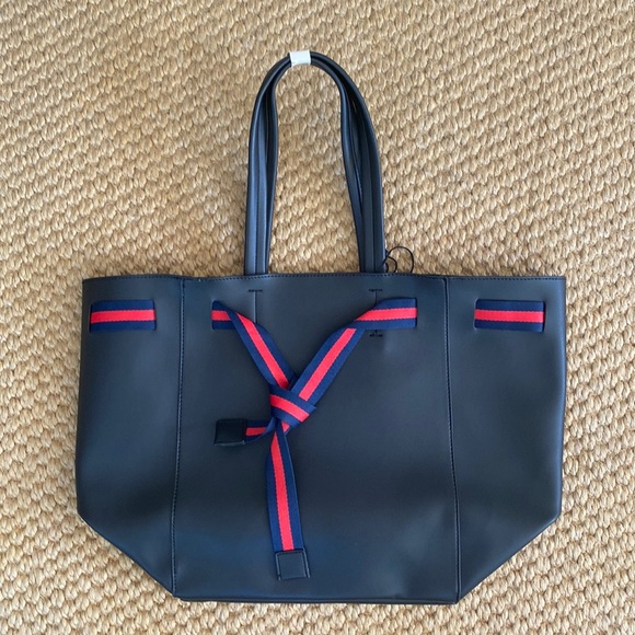 Moda Luxe Handbags - NWT Moda Luxe Black Dutchess Tote Bag - black with red and navy striped ribbon